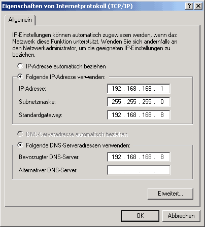 Screenshot: IP-Konfiguration von Windows 2000