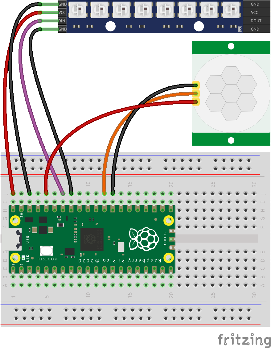 Raspberry Pi Pico: Automatisches Nachtlicht mit PIR Motion Detector HC-SR501 und RGB-LED WS2812