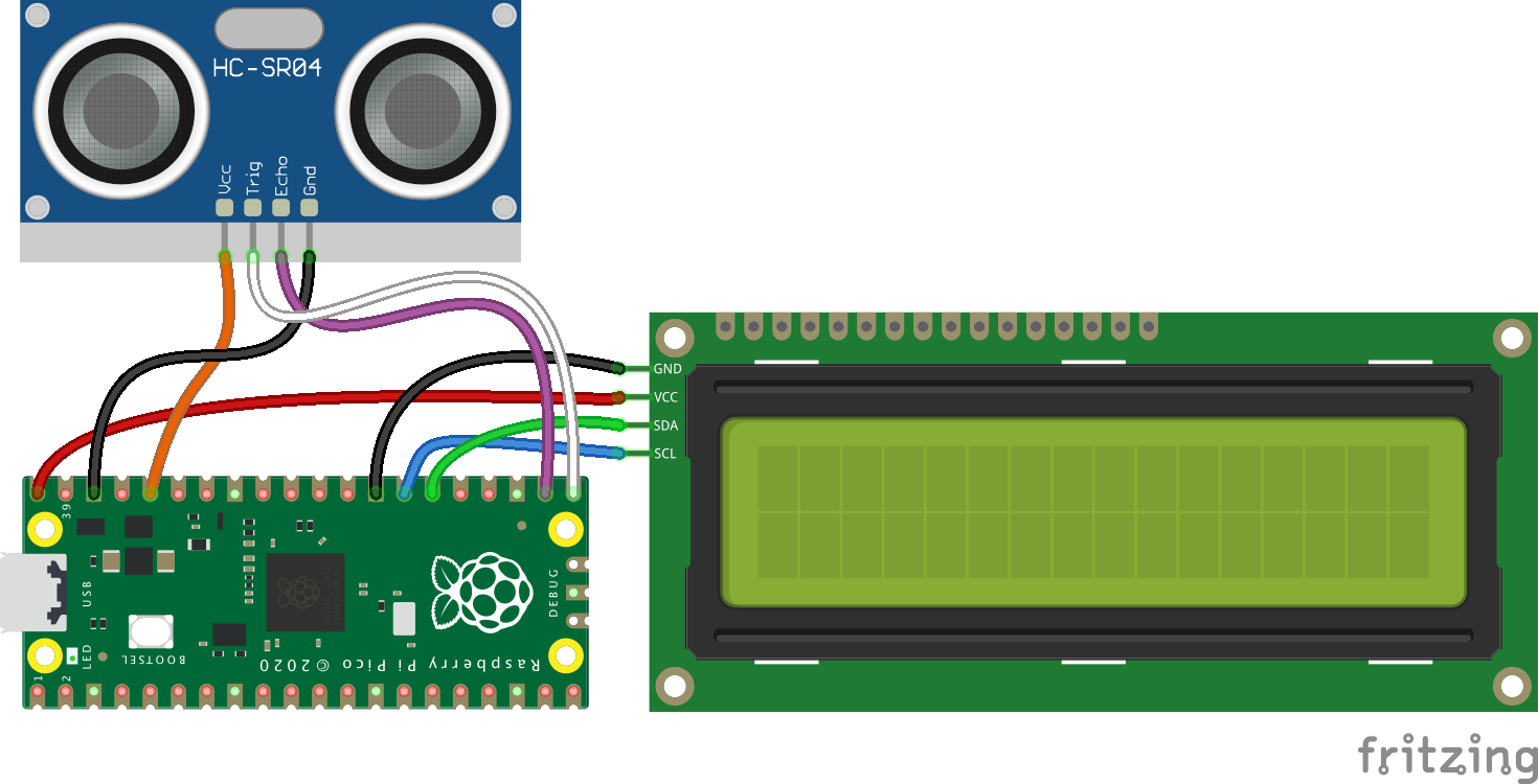 Raspberry Pi Pico: Abstandsmessung mit Ultraschallsensor (HC-SR04) auf einem Display anzeigen (LCD-1602 mit I2C)