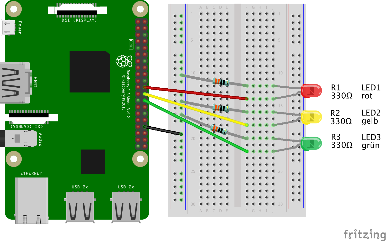Raspberry Pi: LED-Ampel-Steuerung (mit Python und GPIO Zero)
