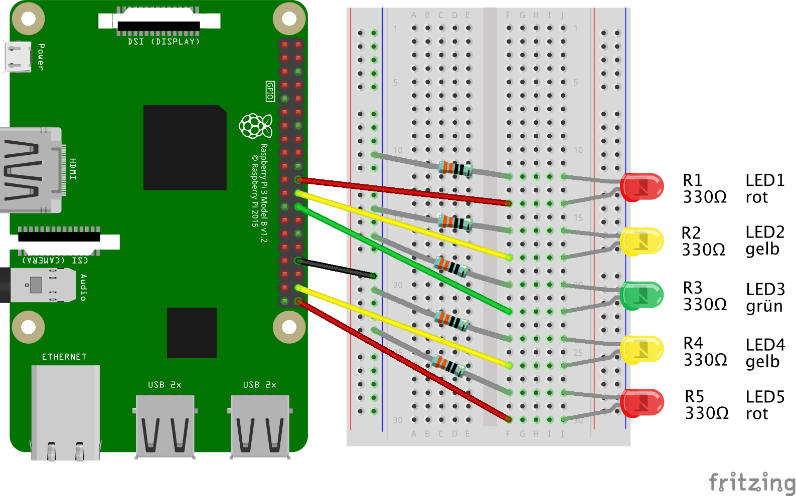 Raspberry Pi: LED-Lauflicht (mit Python und GPIO Zero)