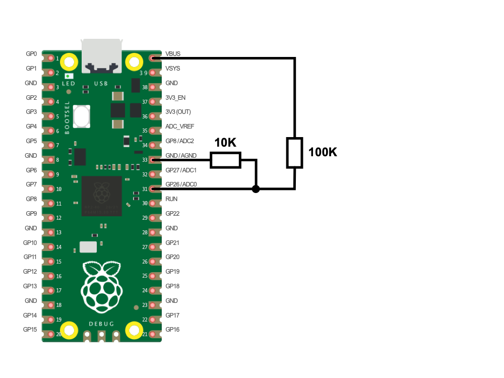 Schaltung: Raspberry Pi Pico: Spannung messen &uuml;ber 3,3 Volt (Voltmeter)