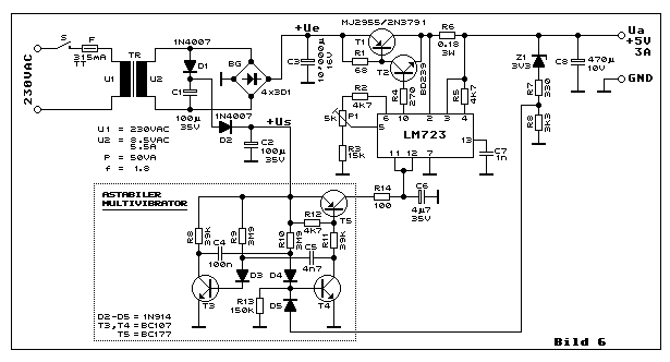 Lowdropout-Netzgerät mit Impuls-Foldback-Strombegrenzung (uA723, LM723,  Komplementär-Darlington)