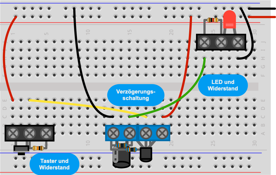 Experiment 1: Verz&ouml;gerungsschaltung mit Taster und LED