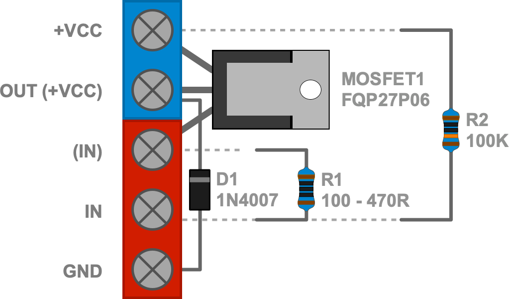 Aufbau: Einfacher Ausgangstreiber mit P-Kanal-MOSFET FQP27P06