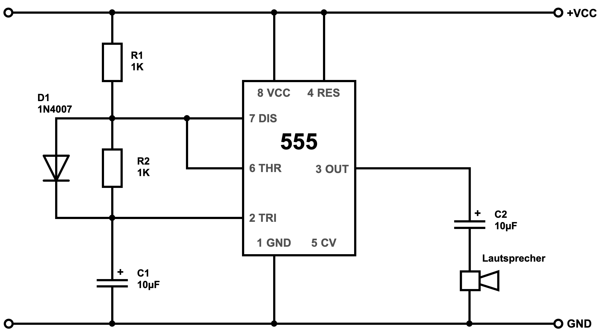 Experimente: NE555 als akustischer Signalgeber
