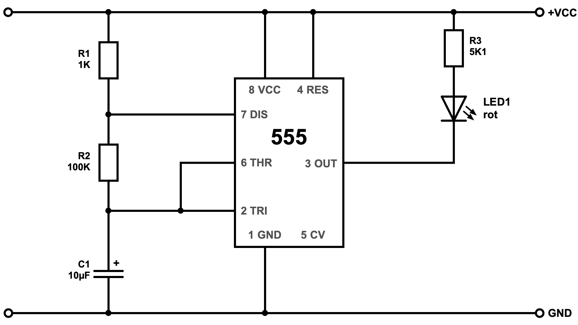 Einfacher LED-Blinker mit NE555