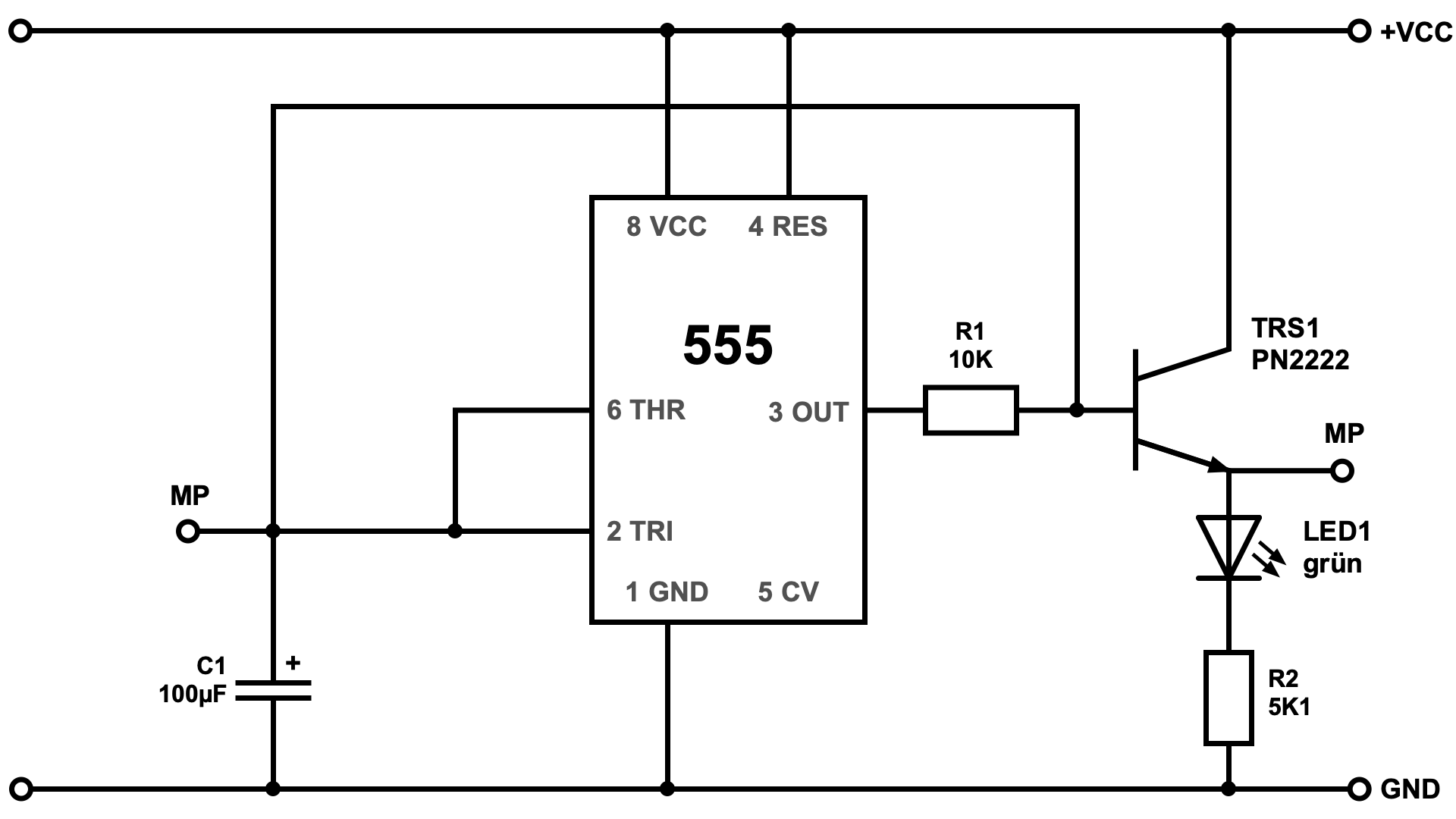 Glimmende LED mit NE555