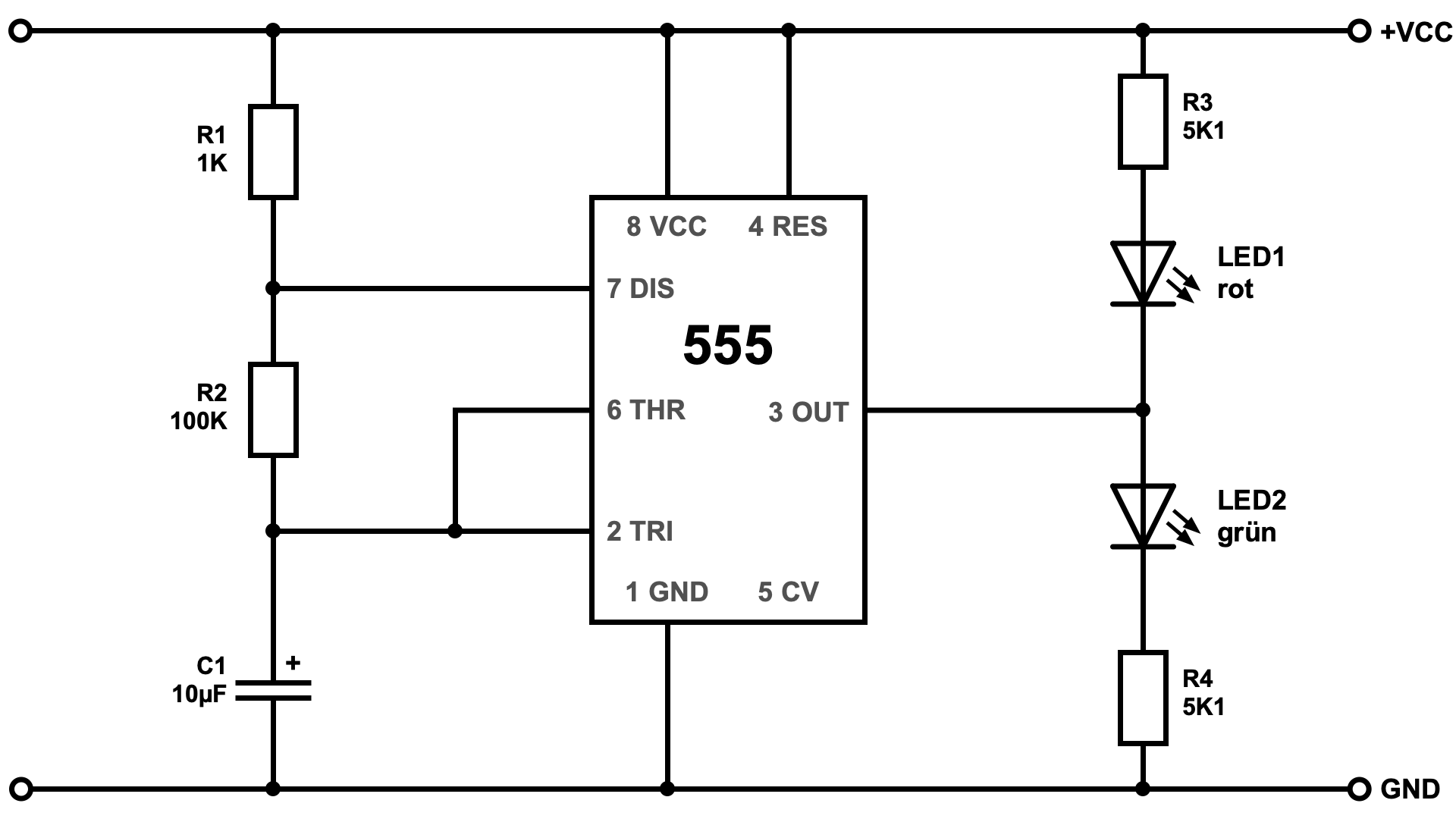 Einfacher LED-Wechselblinker mit NE555