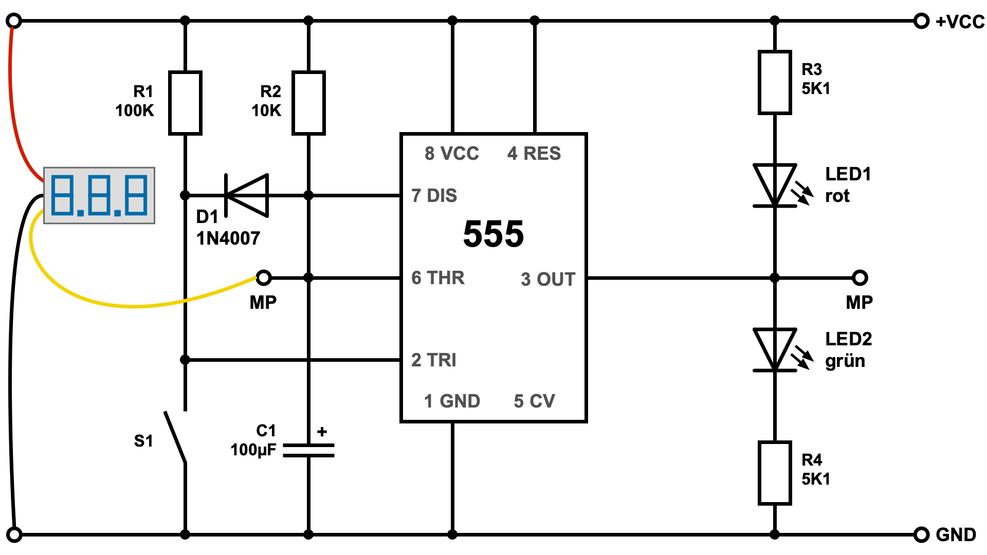 Retriggerbare monostabile Kippstufe mit NE555