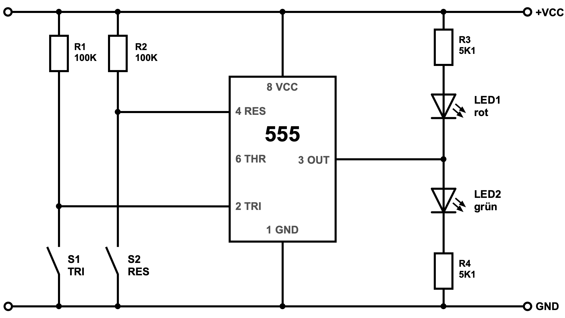 Experimente: Trigger und Reset vom NE555 (RS-Flip-Flop)