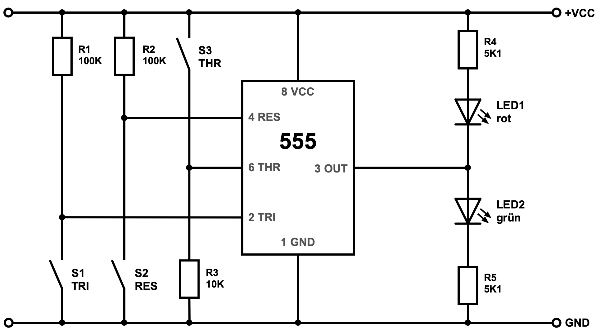 Grundschaltung: NE555 als bistabile Kippstufe