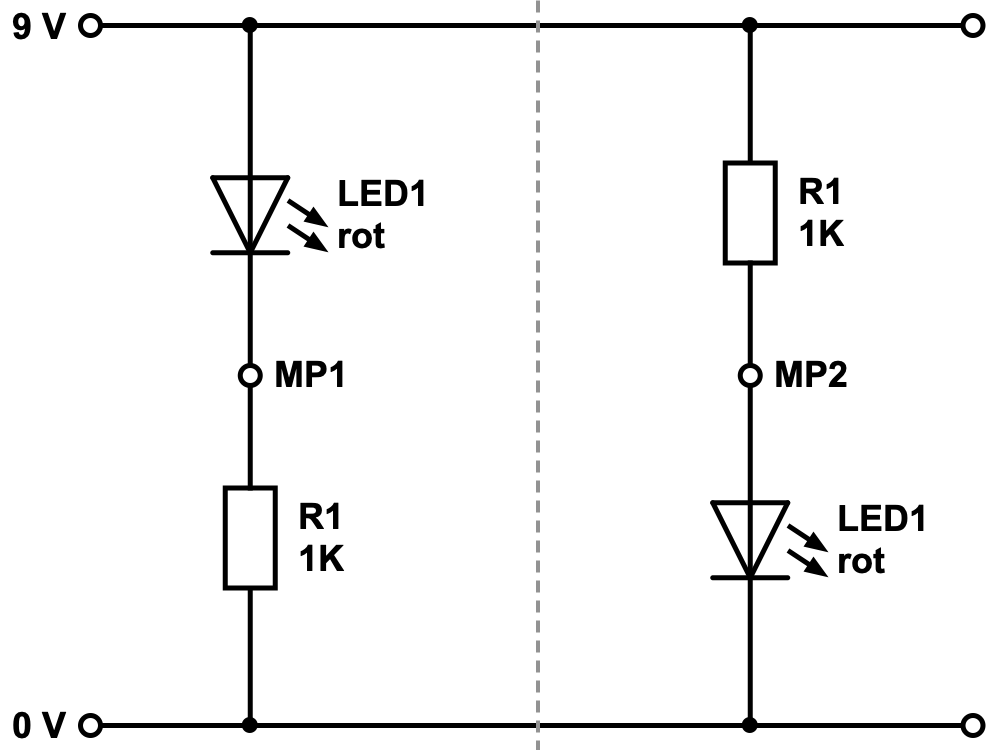 Spannung messen: LED mit Vorwiderstand in Durchlassrichtung