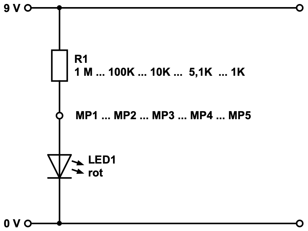 Spannung messen: LED mit unterschiedlichen Vorwiderständen in Durchlassrichtung
