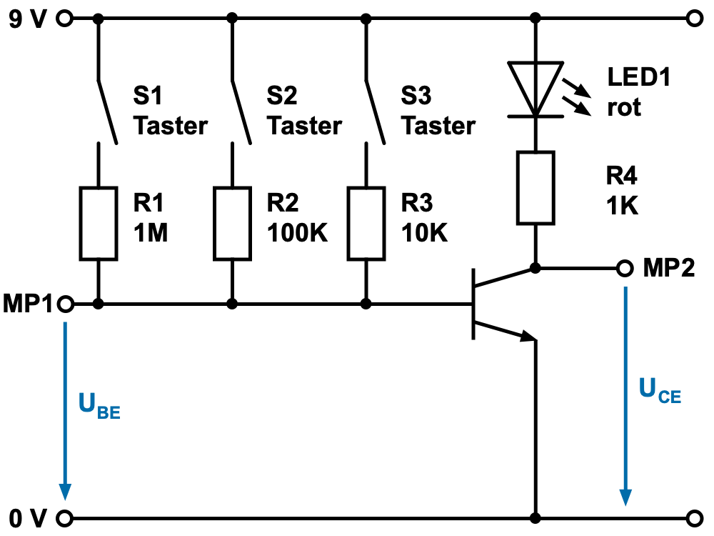 Spannung messen: Transistor als Schalter mit Basis-Vorwiderstand
