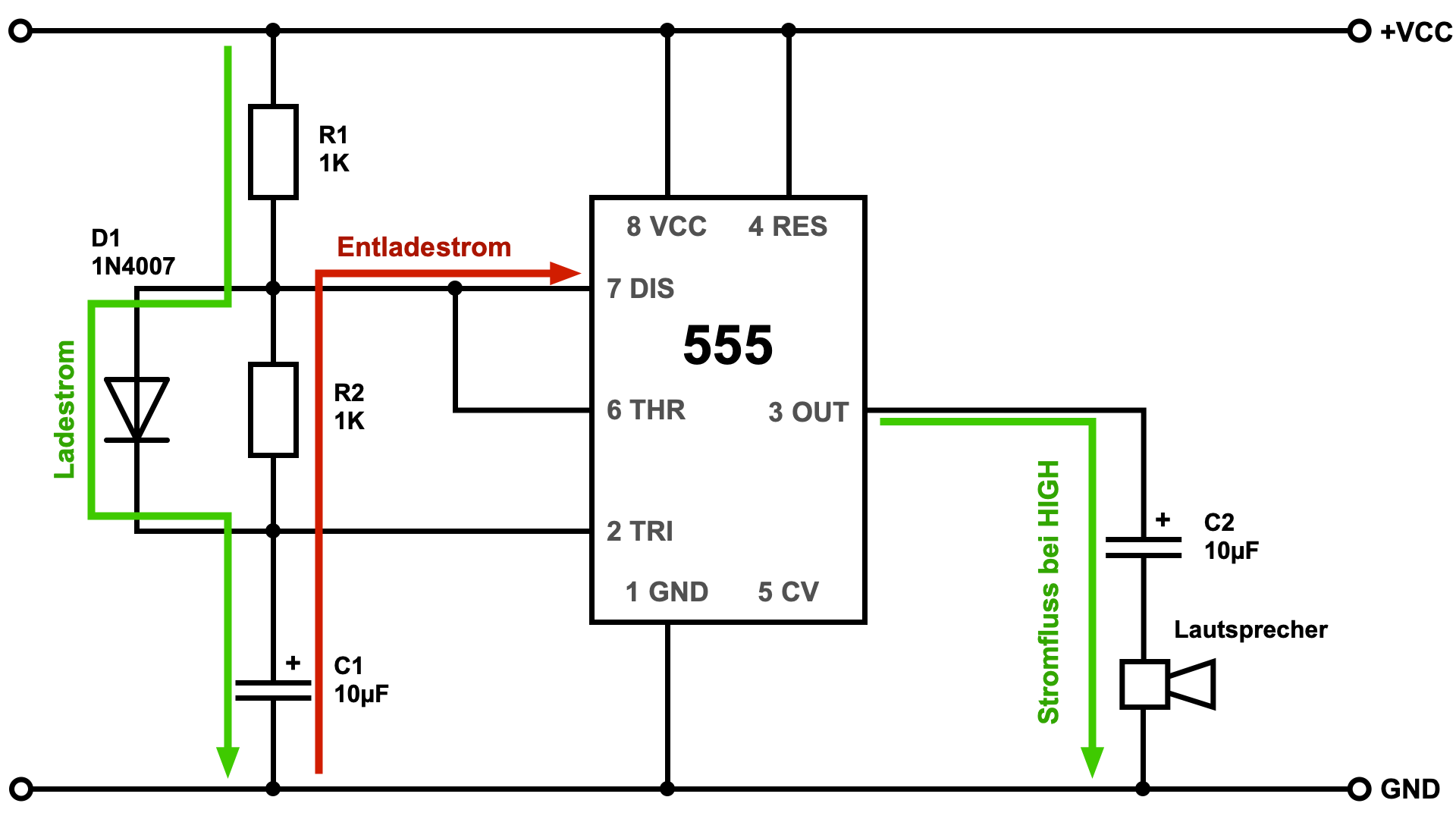 Grundschaltung: NE555 als akustischer Signalgeber