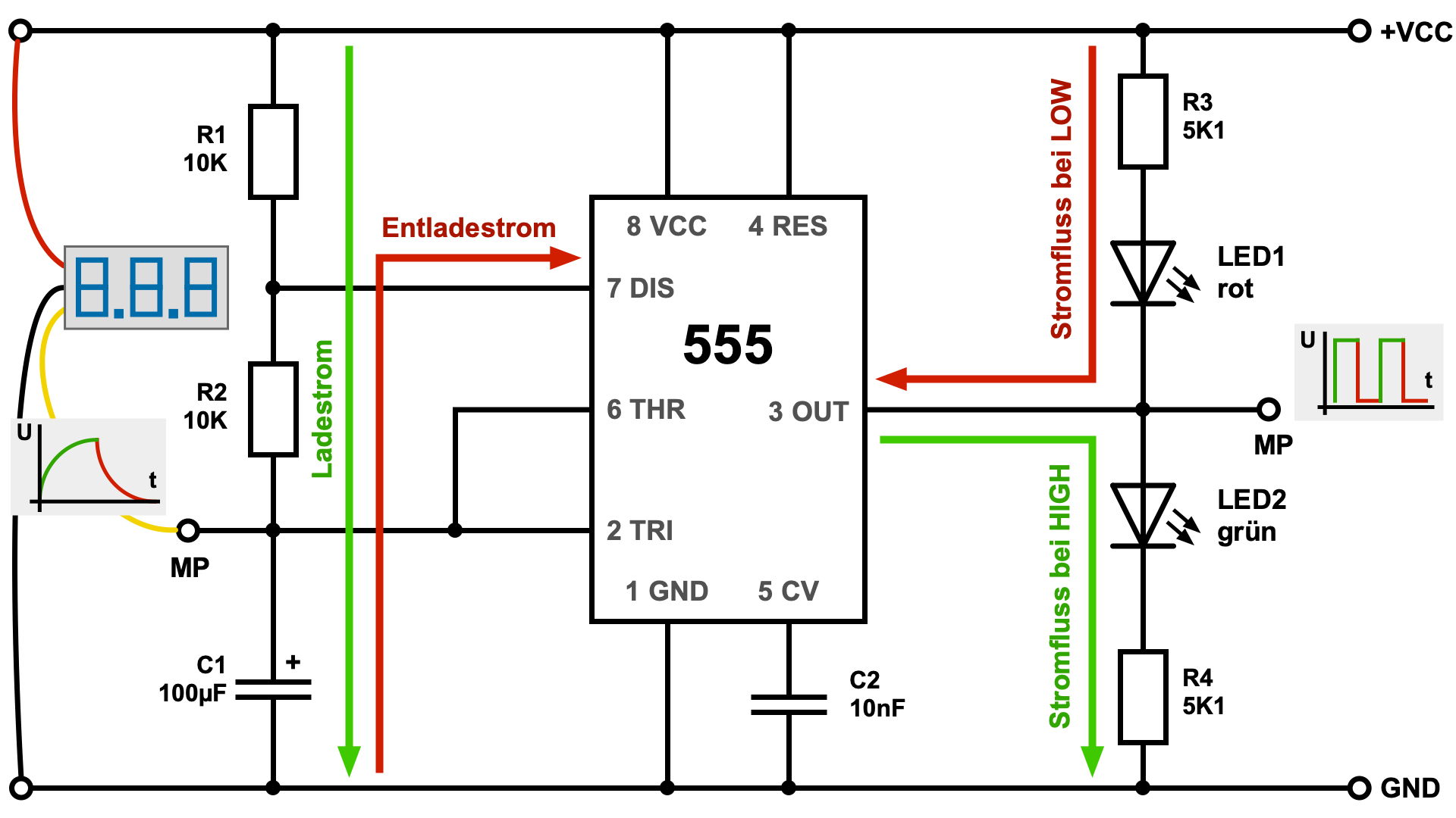Grundschaltung: NE555 als astabile Kippstufe