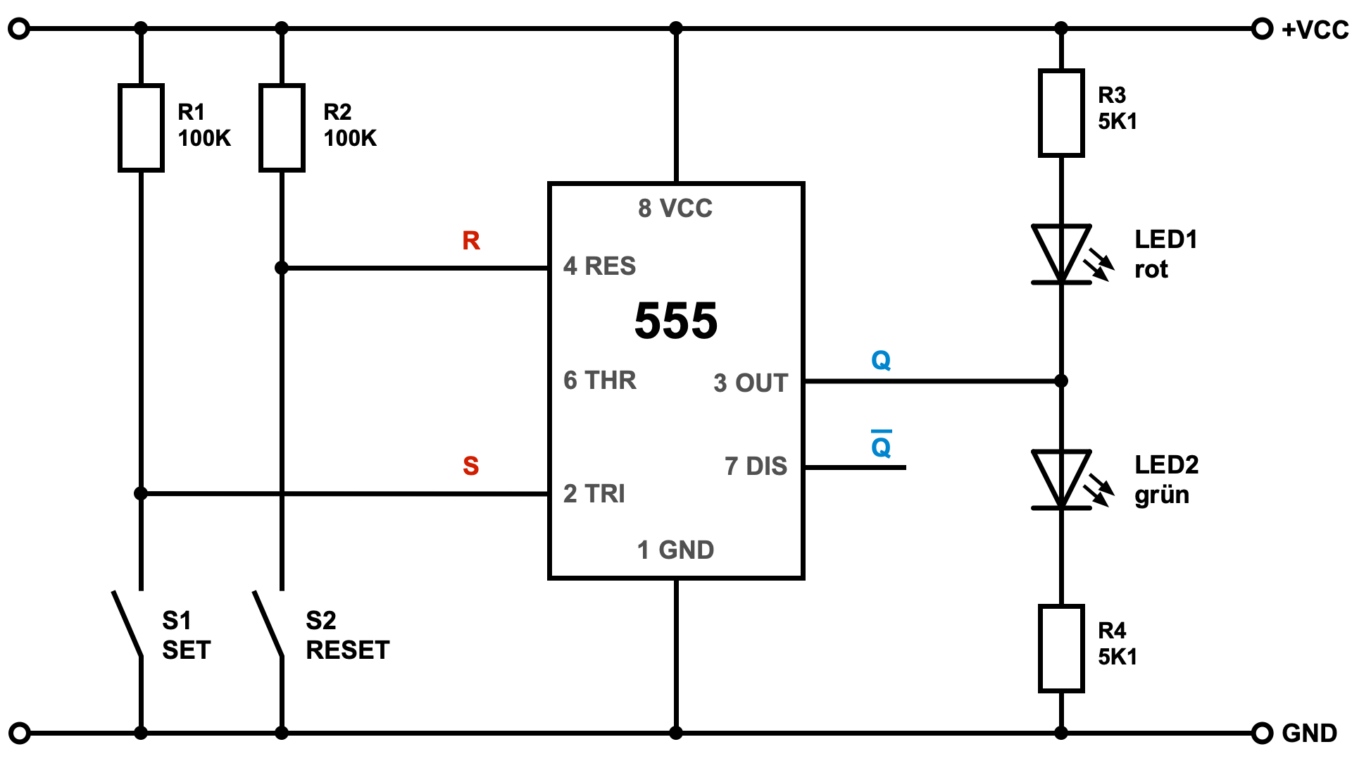 Grundschaltung: NE555 als RS-Flip-Flop