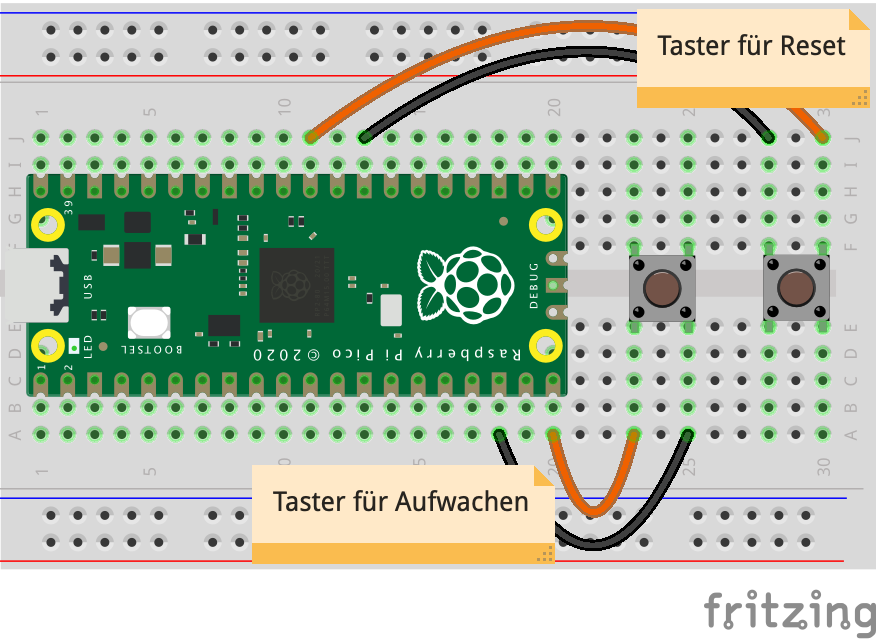 Raspberry Pi Pico mit Reset- und Wakeup-Taster
