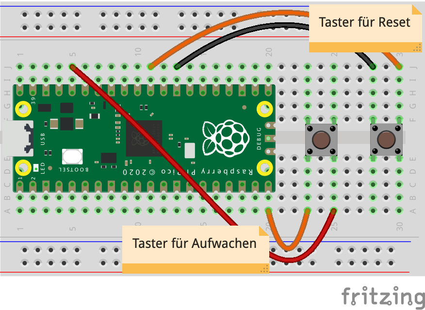 Raspberry Pi Pico mit Reset- und Wakeup-Taster
