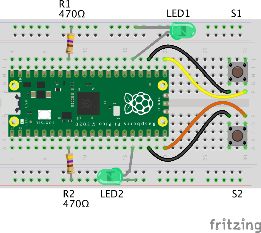 Raspberry Pi Pico: Reaktionsspiel mit zwei Tastern und LEDs