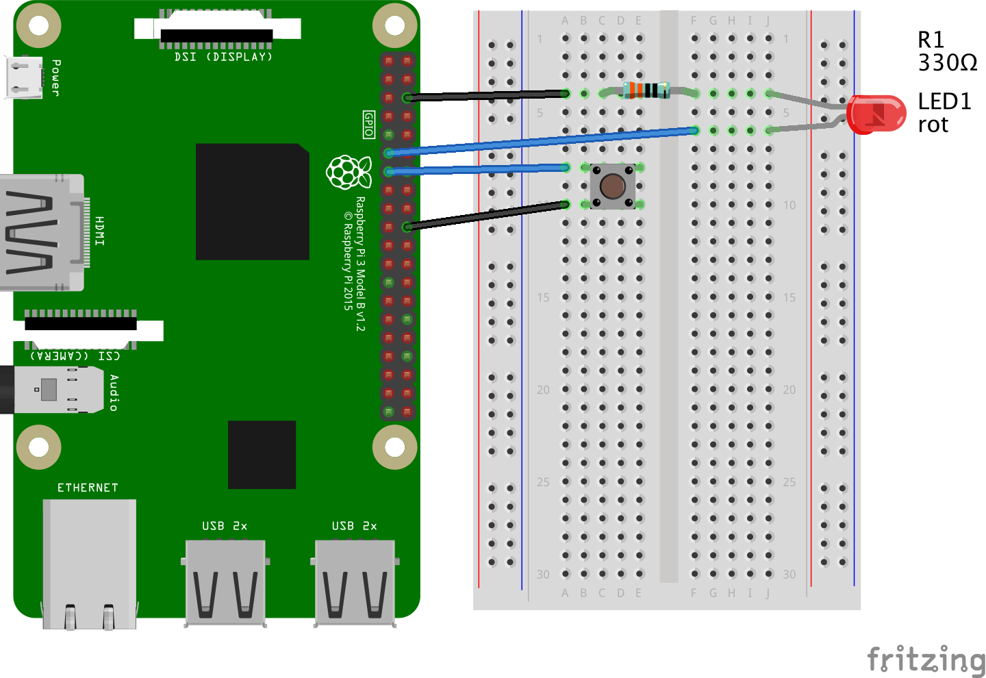 Raspberry Pi: LED mit Taster ein- und ausschalten (mit Python und GPIO Zero)